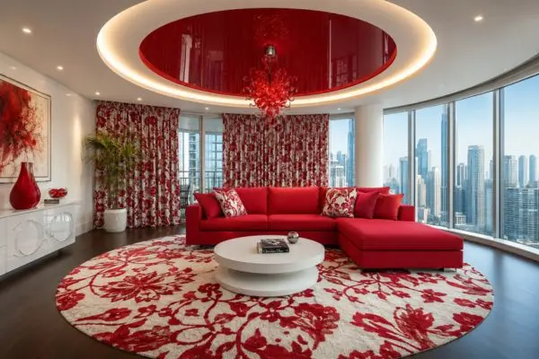 Vibrant cherry red contemporary seating setup with floral cushions on a round patterned rug.