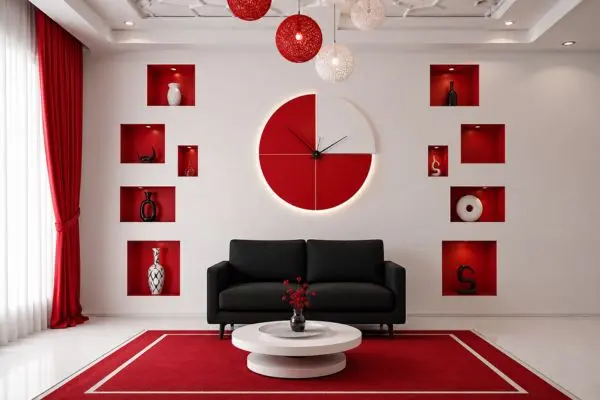 Compact black fabric sofa in a modern red and white geometric living room.