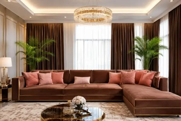 Luxury modern brown upholstered seating decorated with a balanced set of soft blush cushions
