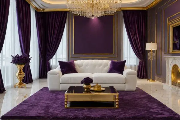 A compact bulky fabric couch styled with two deep purple velvet cushions in a royal purple themed living room.