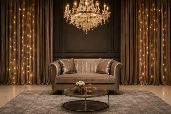 Elegant taupe velvet two seater couch under a crystal chandelier with fairy light curtains.