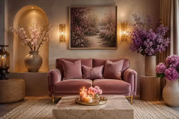 Modern mauve two seater velvet couch in a warm lit bohemian living room setup.