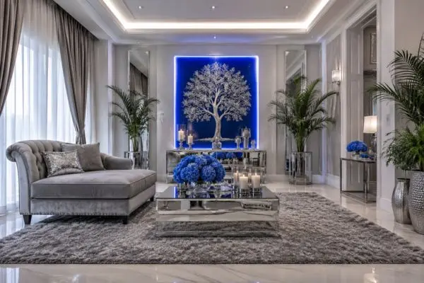 A luxury cool grey small chaise sofa in a modern living room with blue accents.