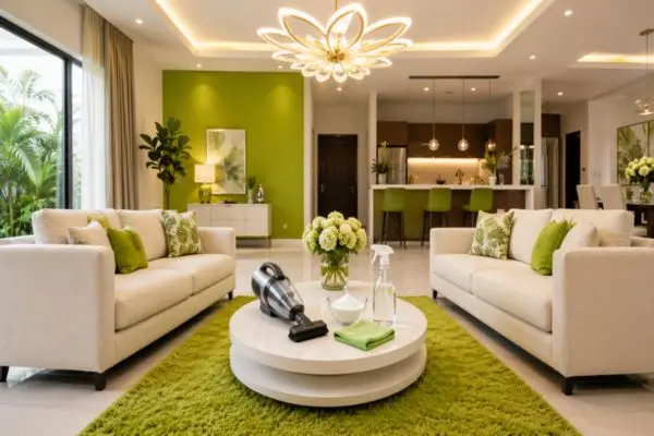 Essential cleaning supplies arranged neatly to show how to clean a couch