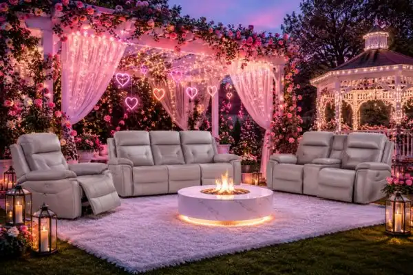 Premium light grey recliner sofa set arranged in a magical outdoor garden with fairy lights.