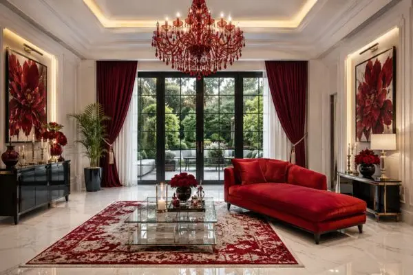 A luxury crimson red small chaise sofa in a modern white living room.