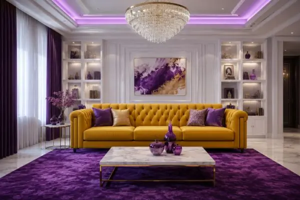 A luxury colorful sofa styled in a bright white and royal purple contemporary living room layout.