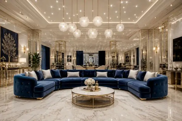 Deep blue velvet curved couch paired with glowing globe chandeliers and a round marble table