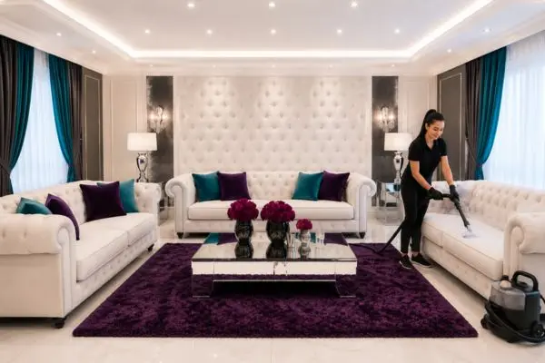 Professional upholstery steam extraction tool refreshing a luxury sectional sofa