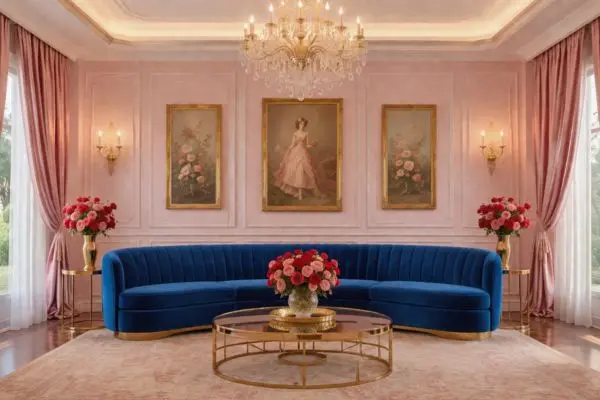 A modern curved blue velvet sectional sofa in a luxury blush pink and gold living room.