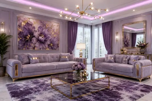 Complete wide shot of a lavender 2 piece sofa set in a luxury living room with purple neon lighting.