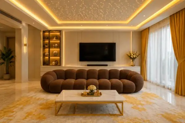 Brown bubble sofa in a modern luxury living room with yellow curtains and starry ceiling lighting