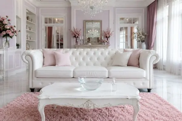 Safe DIY solutions showing how to clean leather couch with mild soap in a luxury pink living room.
