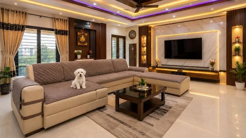 White puppy sitting on a quilted brown sofa cover for dogs in a luxury living room.