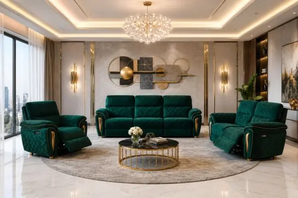 Luxury emerald green velvet recliner sofa set in a modern living room with warm lighting.