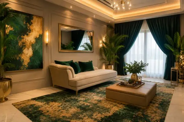 A luxury beige couch with deep green velvet cushions in a modern living room.