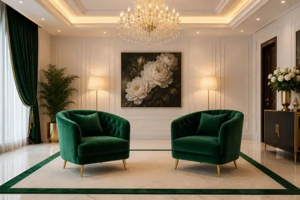 Two emerald green velvet single sofas with slim gold legs on a cream carpet.
