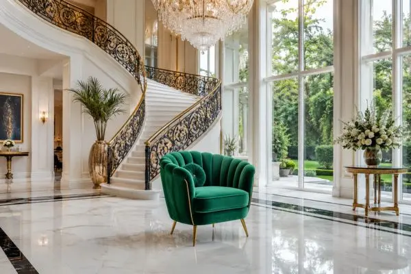 Luxury emerald green velvet single accent sofa chair in a grand mansion lobby.