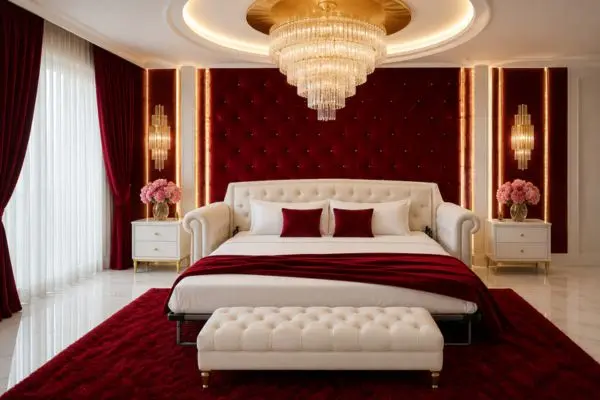 Luxury unfolded cream folding frame cushioning setup sitting on a plush red carpet inside a royal bedroom.