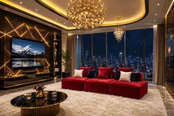 A luxury crimson red velvet flexible couch in a modern penthouse living room with warm lighting.