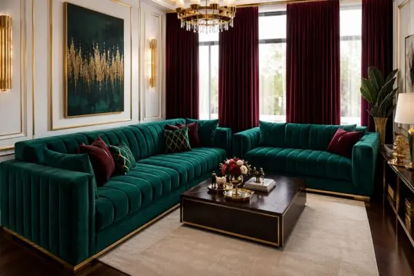 Oversized emerald green velvet couches creating a tight and cramped living room layout.