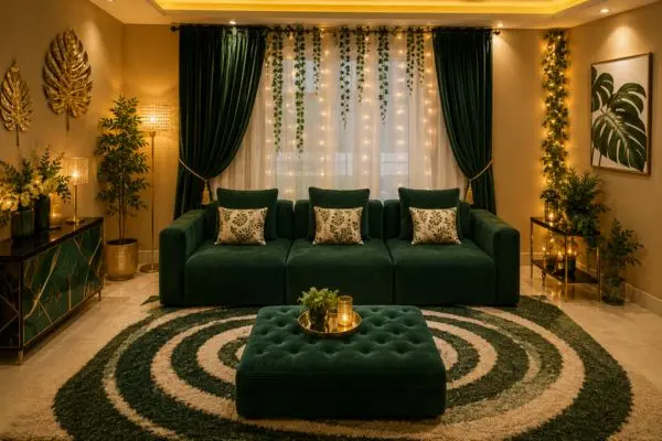 A luxury emerald green velvet sectional couch in a warm beautifully lit modern living room.