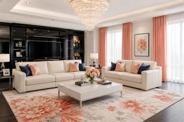 Spotless cream leather sofas under warm lighting in a luxury living room setup.