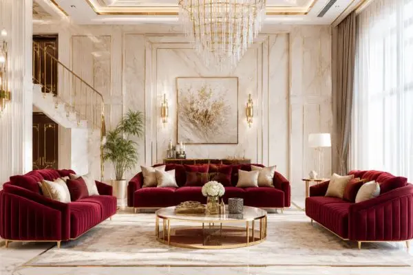 A spotlessly clean luxury living room interior with an immaculate crimson seating arrangement and marble backdrop.