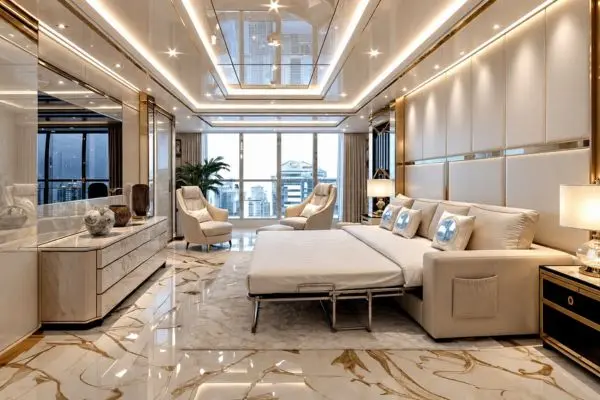 Cream velvet modern convertible unit inside a marble penthouse.