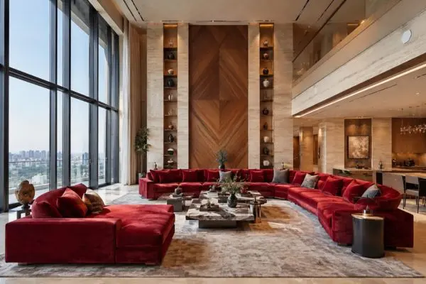 A dramatic crimson seating arrangement arranged beautifully in a bright, upscale penthouse layout.