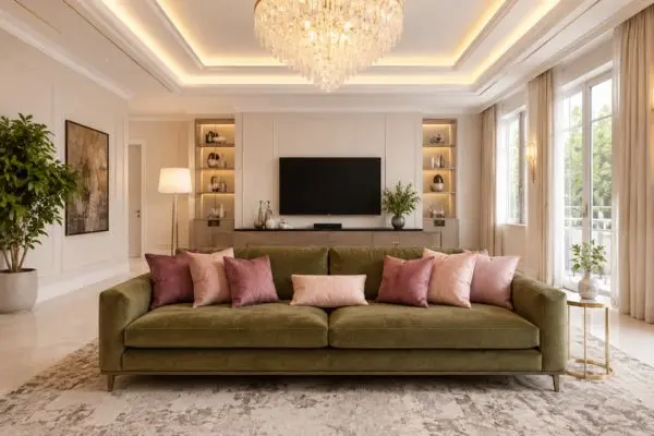 Modern olive green upholstered seating decorated with plush blush and pastel rose cushions