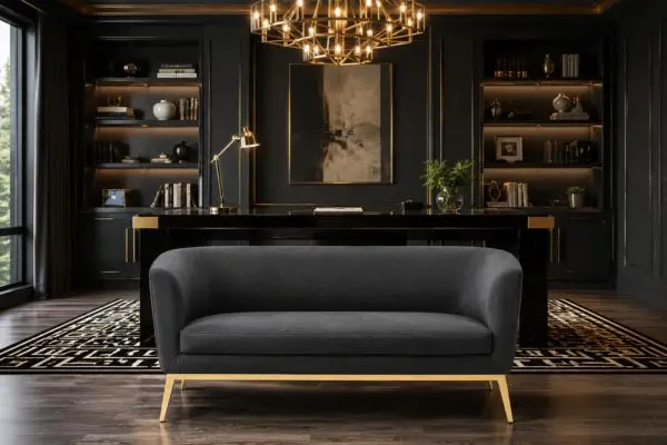 Sophisticated charcoal grey performance fabric seating option with gold accents.