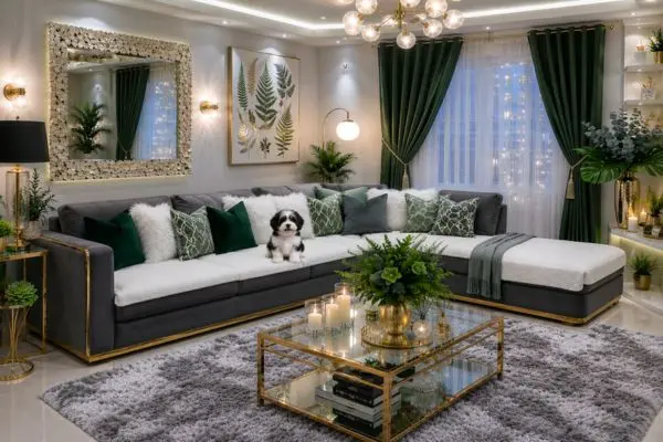 Small fluffy black and white puppy resting on a light grey quilted furniture protector couch cushion.