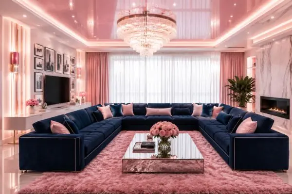Complete navy blue velvet sectional sofa in a luxury modern living room with pink lighting