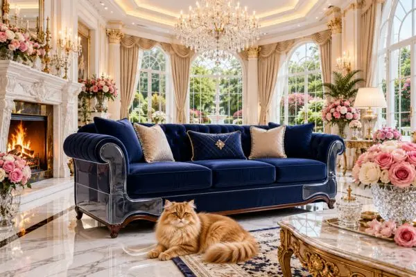 Golden ginger cat sitting on a clean marble floor inside a grand high-ceiling room
