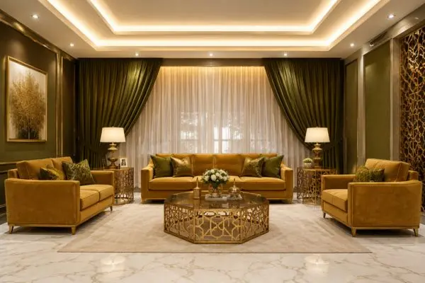 Luxurious mustard gold velvet couches arranged nicely in a premium olive green living room interior.