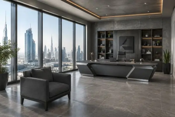 Charcoal gray office sofa chair in a modern wide-angle executive CEO room.