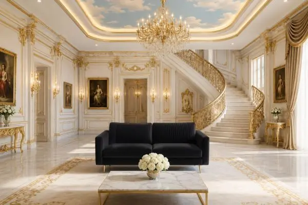 Elegant two-seater velvet seating with gold legs in a royal white and gold living room.