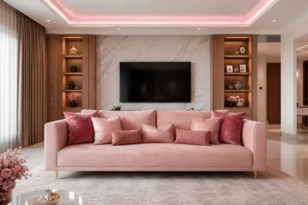 Blush pink modern sofa styled with various fabrics and sizes of matching pink pillows
