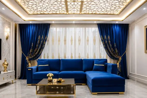 Royal blue velvet small sectional sofa inside a modern luxury living room.