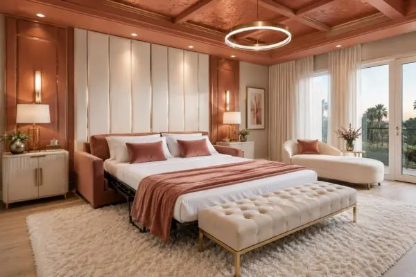 Comfortable unfolded rose gold sleeper frame padding setup inside a luxury terracotta bedroom.