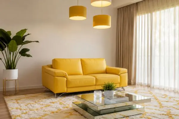 A fully visible single compact yellow leather sofa in a bright modern living room.