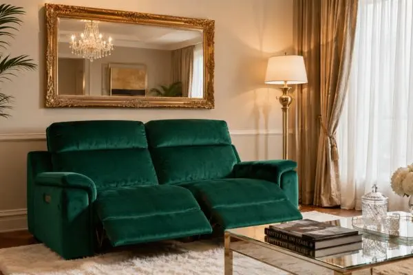 An emerald green velvet small reclining sofa with extended footrests below a golden ornate mirror.