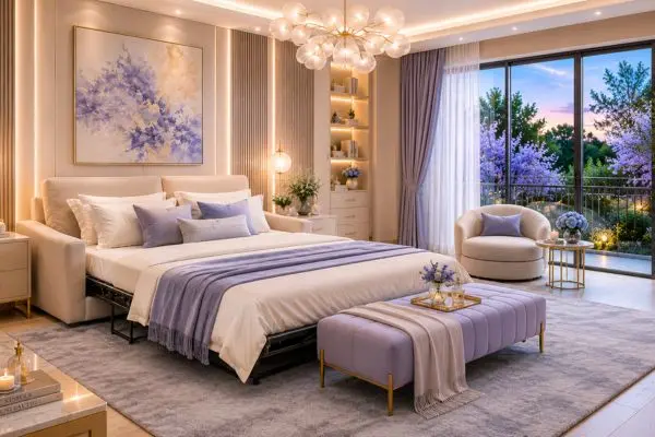 Modern cream furnishing with lavender bedding accents.