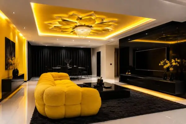 Vibrant yellow bubble sofa in a modern black and yellow luxury living room