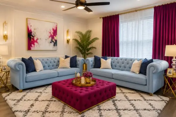 Decorating around a light blue sofa with navy and beige pillows in a living room