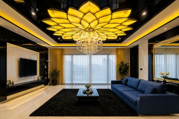 A single modern blue linen fabric sofa on a black rug beneath a yellow lotus ceiling light panel.