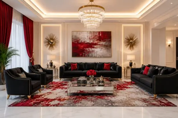 Luxurious dark seating arrangement styled with red cushions and a red abstract rug in a bright living room.