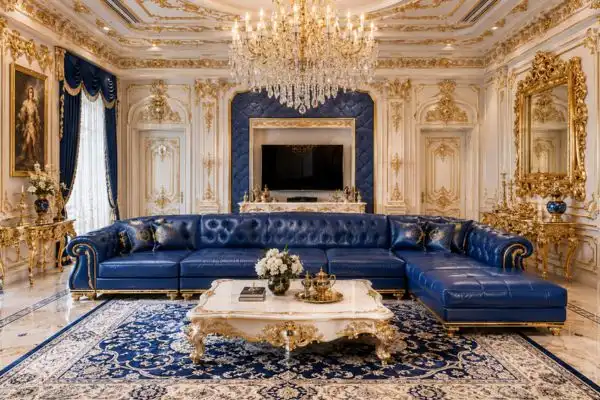 Complete blue leather sectional sofa styled in a royal classic white and gold living room.