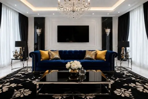 A luxury blue velvet sofa styled with gold and mustard pillows in a black and white living room.